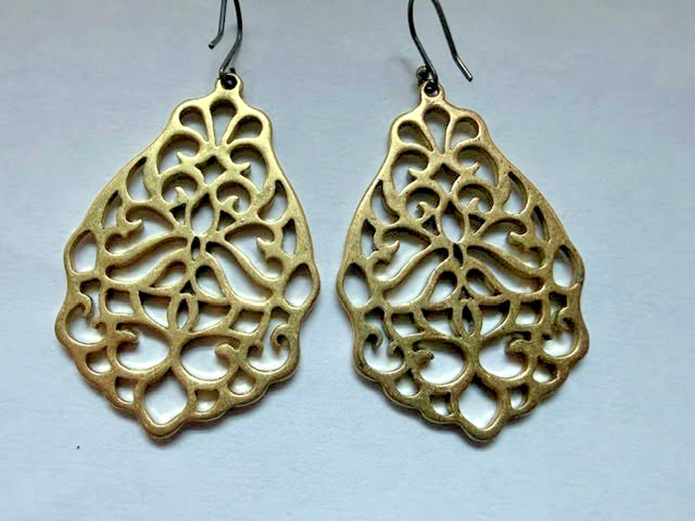Brass Filigree Teardrop Dangle Earrings Openwork Scroll Boho Statement